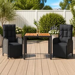 3 Piece Outdoor Dining Set Black Poly Rattan Chairs Table with Cushions