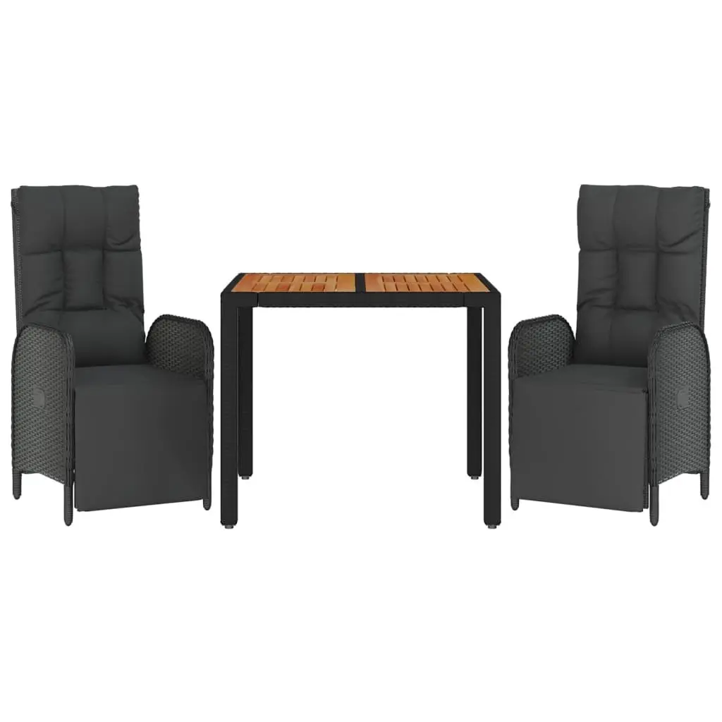 3 Piece Outdoor Dining Set PE Rattan Steel Acacia Wood Black