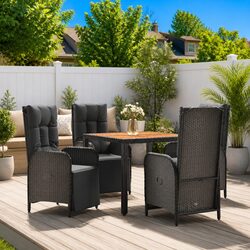 5 Piece Black Poly Rattan Outdoor Dining Set with Cushions