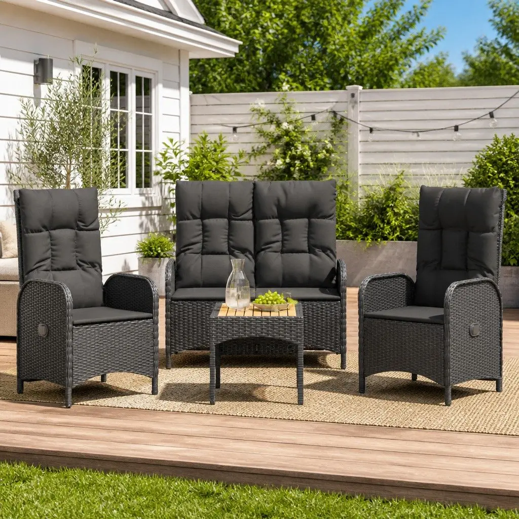 4 Piece Garden Dining Set PE Rattan Steel Acacia Wood Black