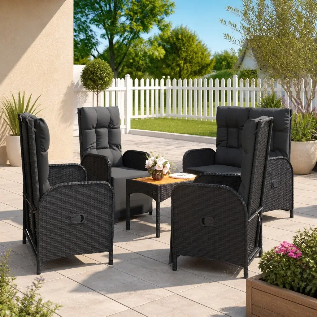 5 Piece Outdoor Garden Dining Set PE Rattan Steel Acacia Wood Black