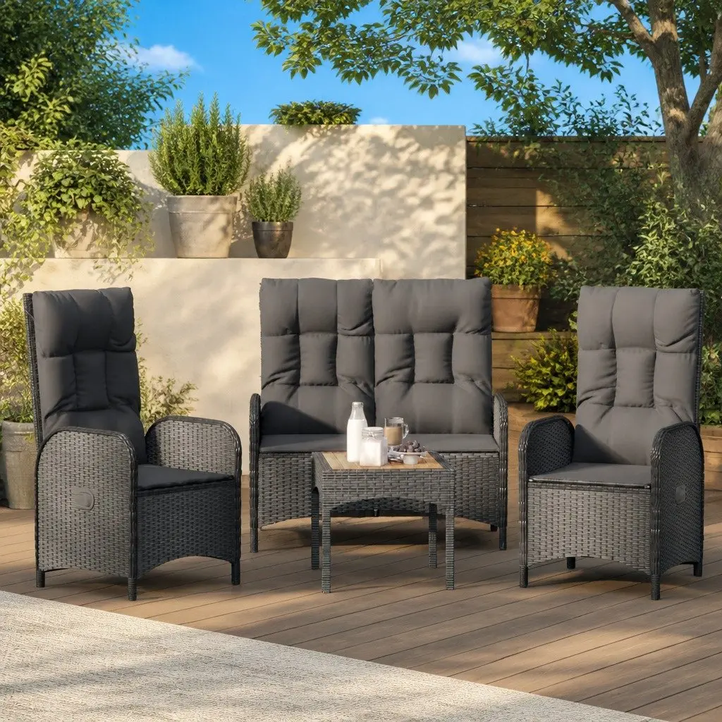 Garden Dining Set PE Rattan 3 Piece Outdoor Furniture Black Chairs Table