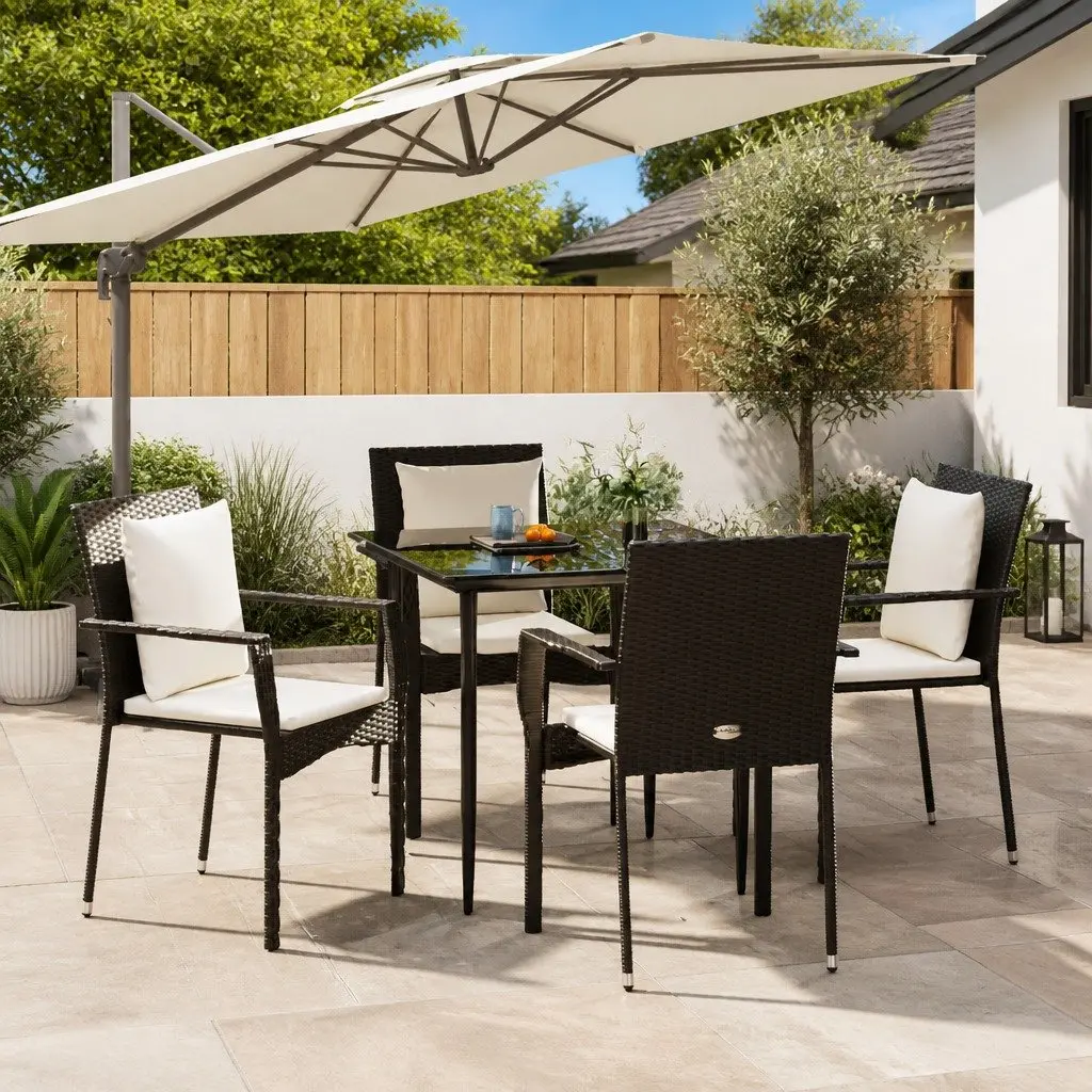 Garden Dining Set PE Rattan Steel 5 Piece Black Outdoor Patio Furniture