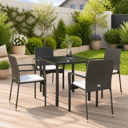 5 Piece Black Poly Rattan Garden Dining Set with Cushions