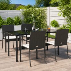 5 Piece Black Poly Rattan Garden Dining Set with Cushions