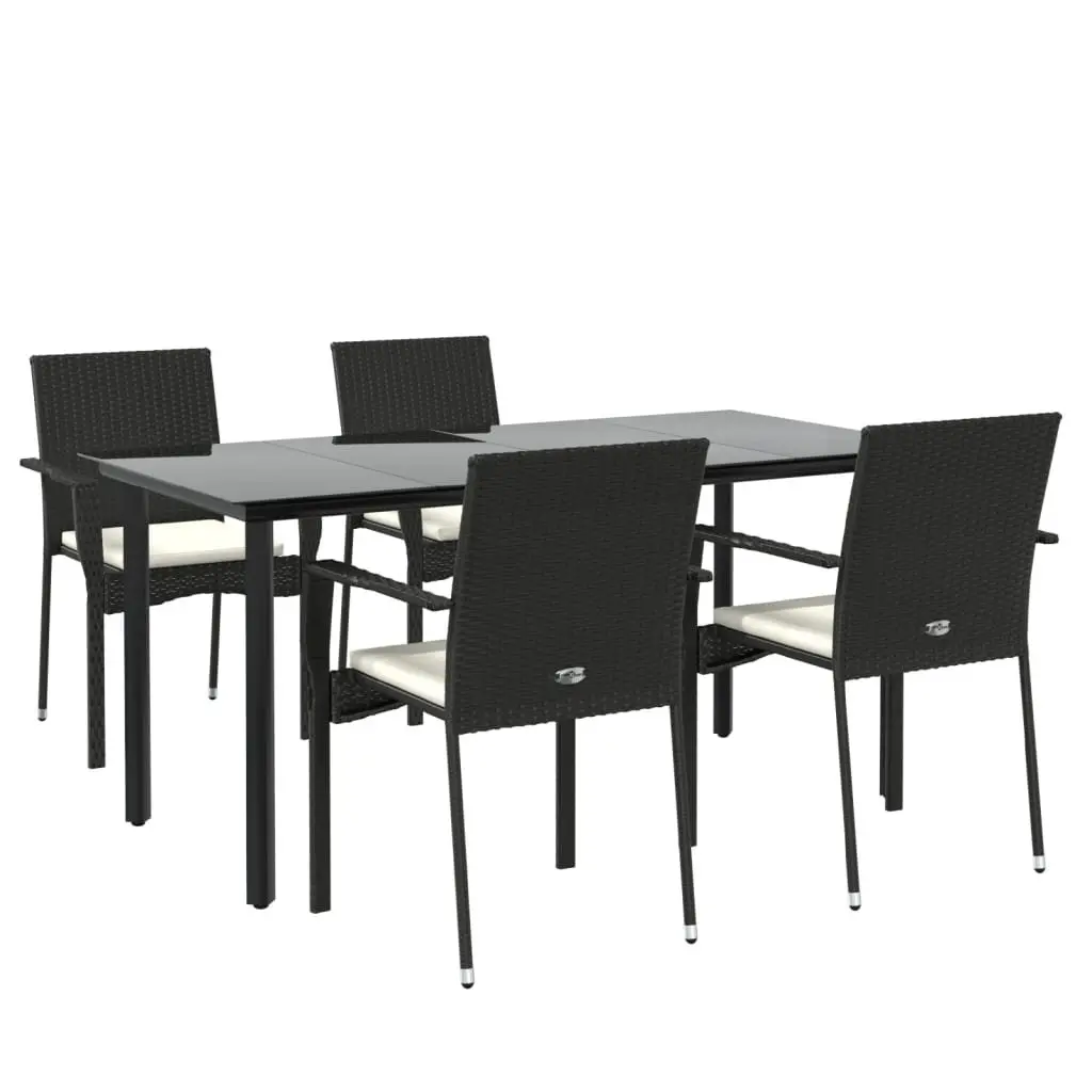 5 Piece Outdoor Dining Set PE Rattan Powder Coated Steel Black Cushions Table