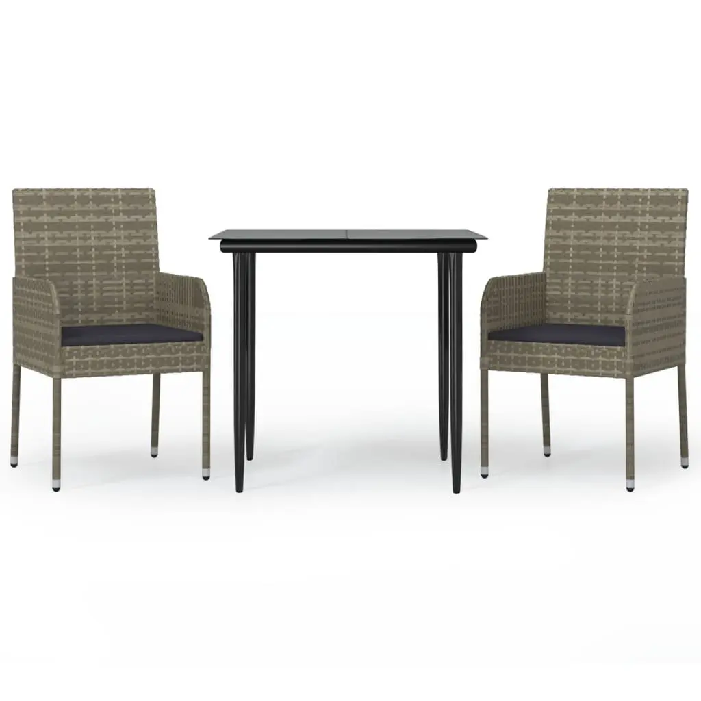 Garden Dining Set PE Rattan Steel Frame Tempered Glass Table Grey 3 Piece