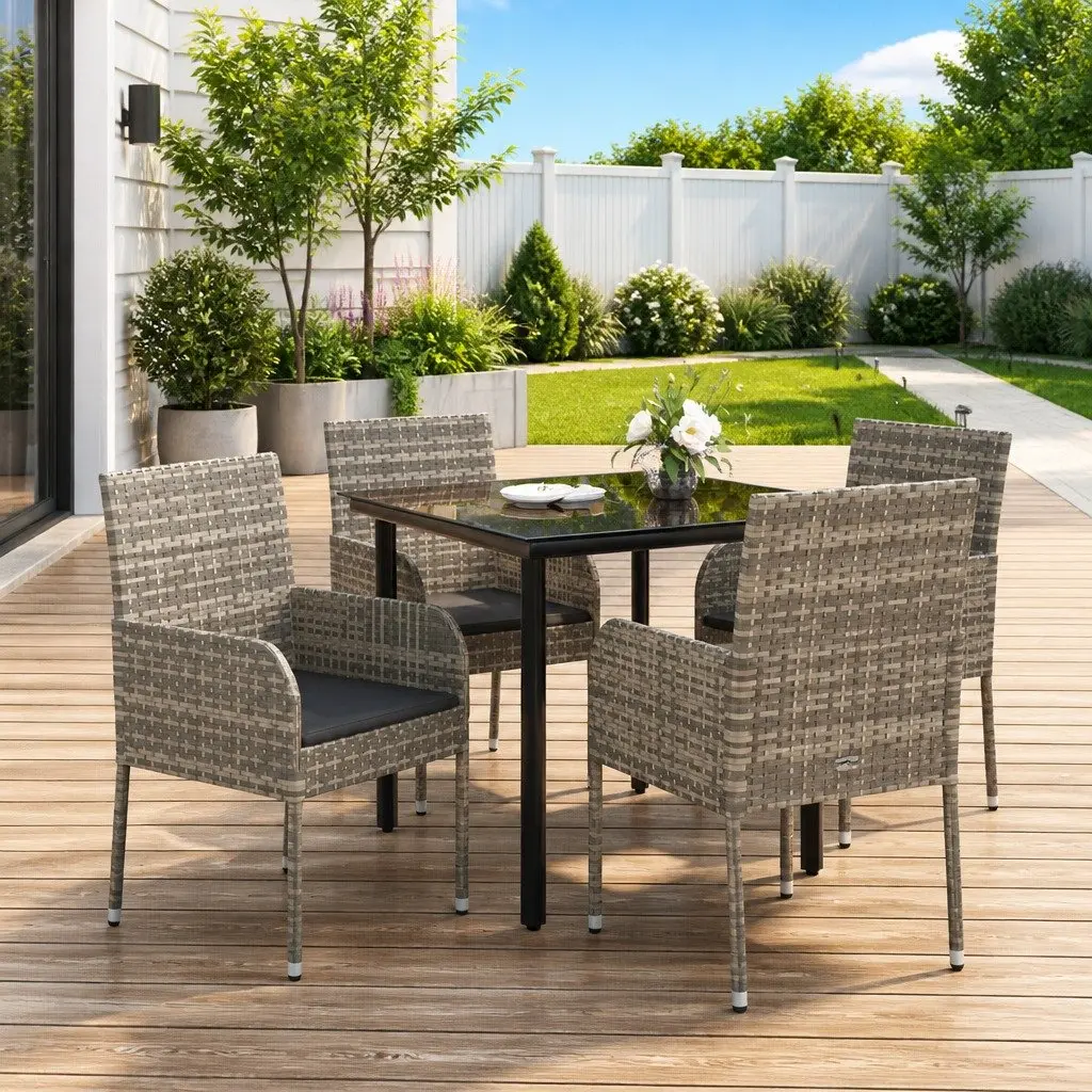 5 Piece Grey Garden Dining Set with Cushions