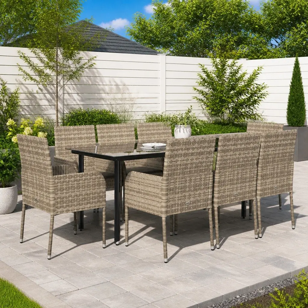 Garden Dining Set 9 Piece Grey Poly Rattan Outdoor Patio Furniture with Cushions