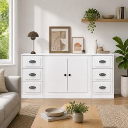 Set of 3 White High Gloss Sideboards - Durable Engineered Wood