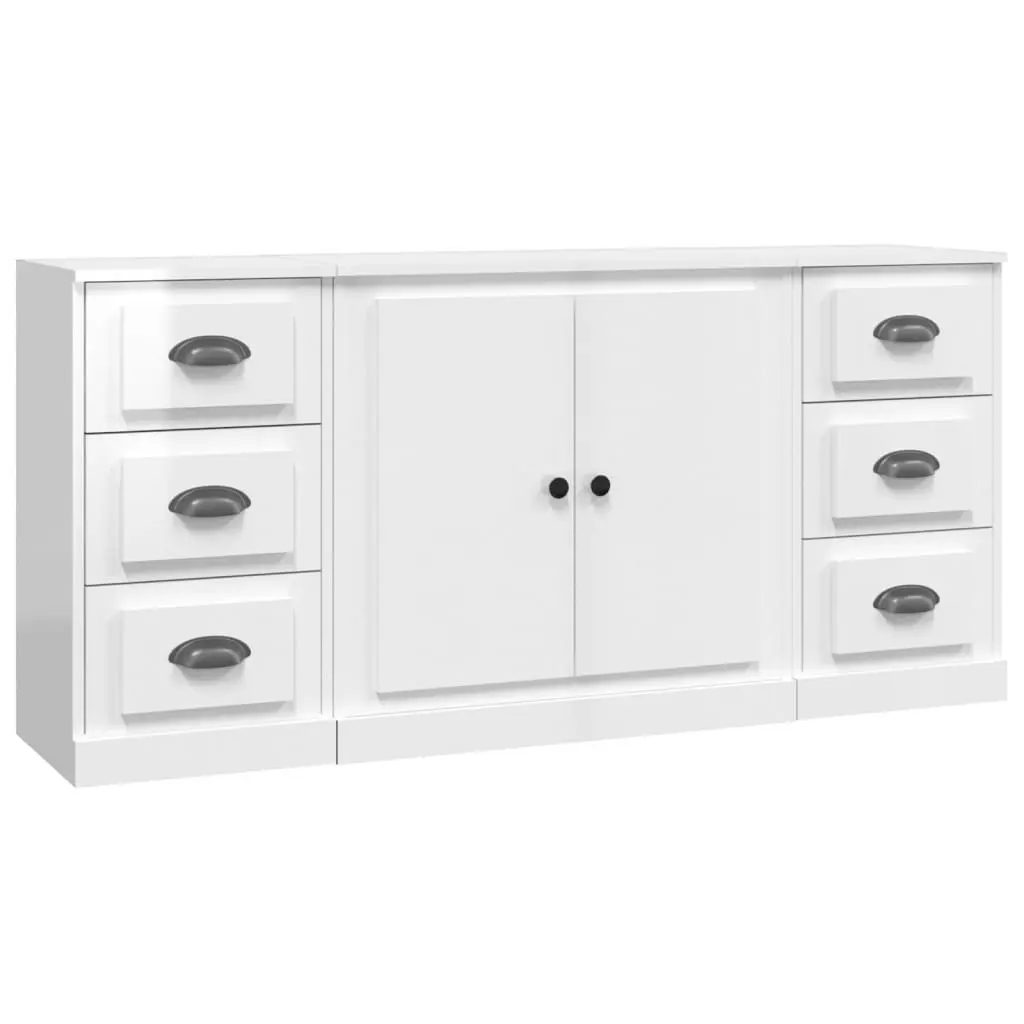 White High Gloss Sideboards Set of 3 Storage Cabinet Engineered Wood Furniture
