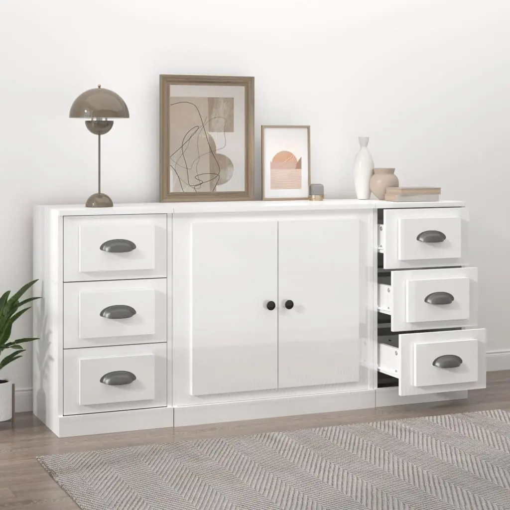 White High Gloss Sideboards Set of 3 Storage Cabinet Engineered Wood Furniture