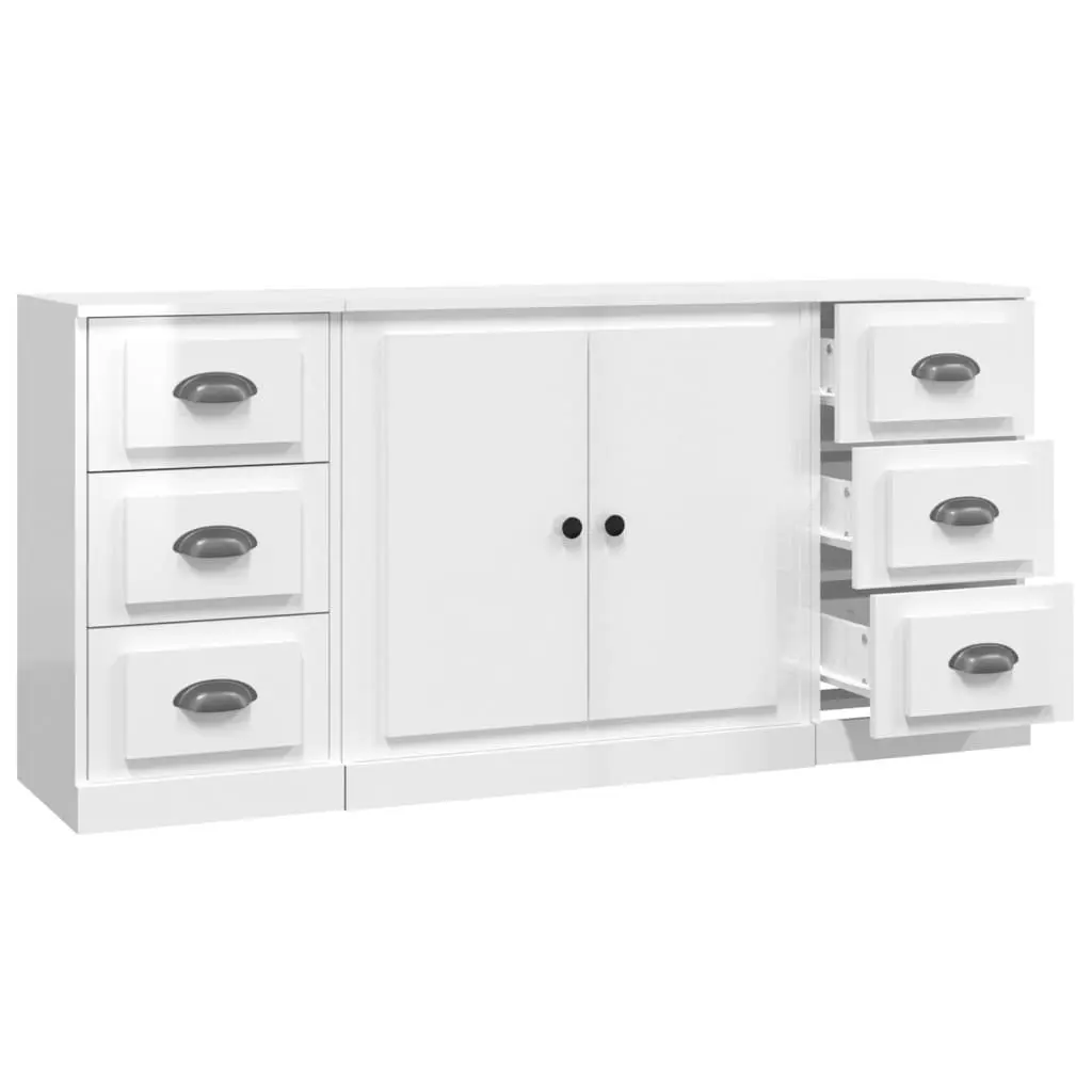 White High Gloss Sideboards Set of 3 Storage Cabinet Engineered Wood Furniture