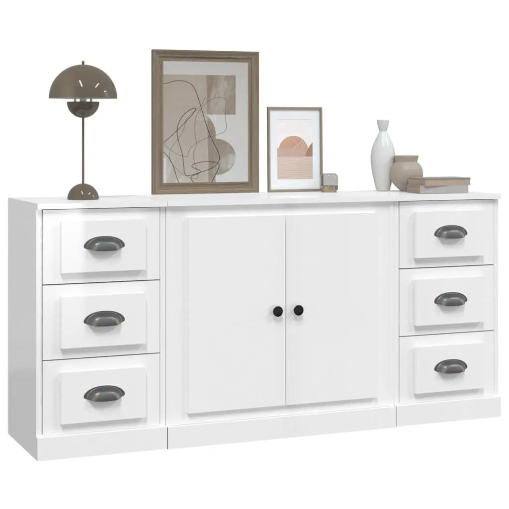 White High Gloss Sideboards Set of 3 Storage Cabinet Engineered Wood Furniture