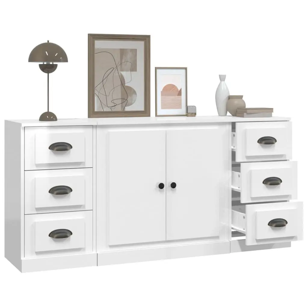 White High Gloss Sideboards Set of 3 Storage Cabinet Engineered Wood Furniture