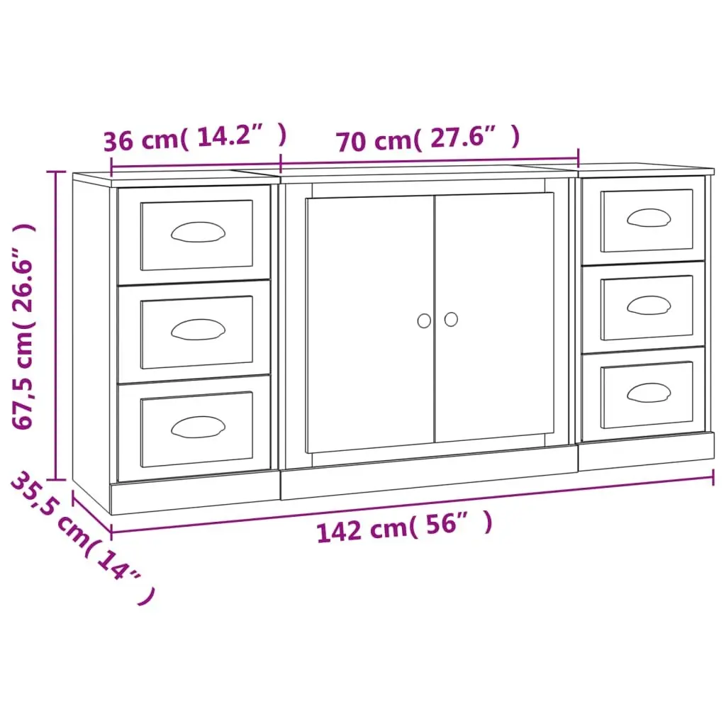 White High Gloss Sideboards Set of 3 Storage Cabinet Engineered Wood Furniture