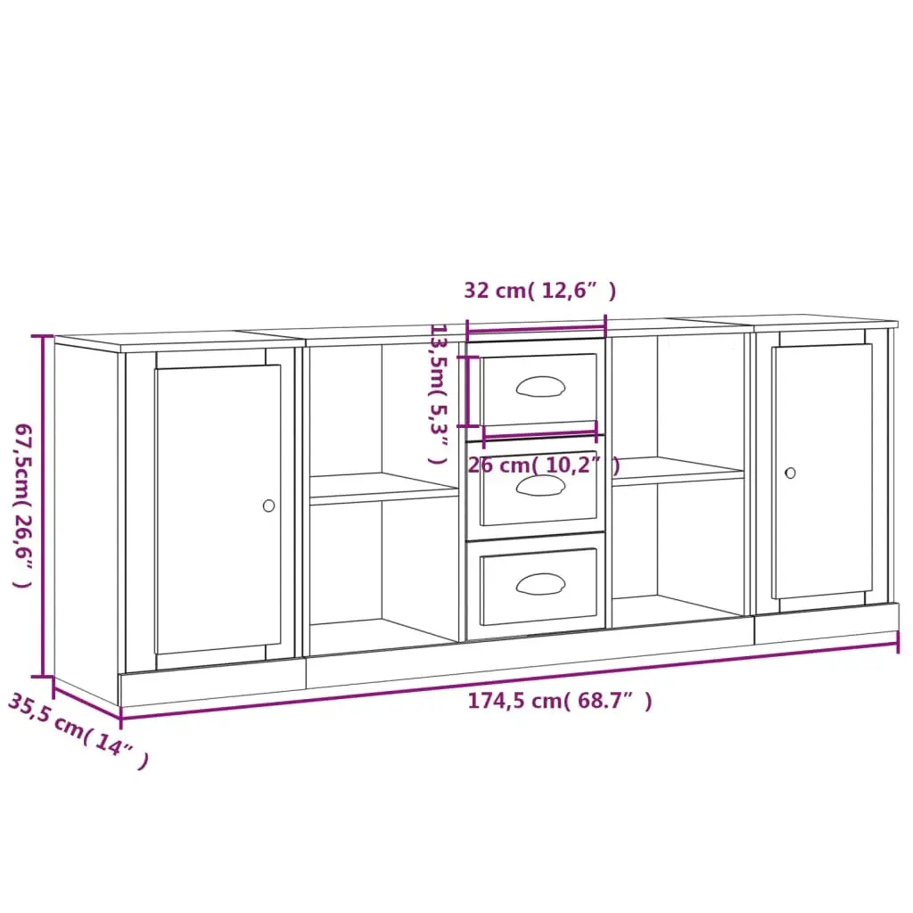 White Sideboards 3 pcs Engineered Wood Storage Cabinet Buffet Furniture Set