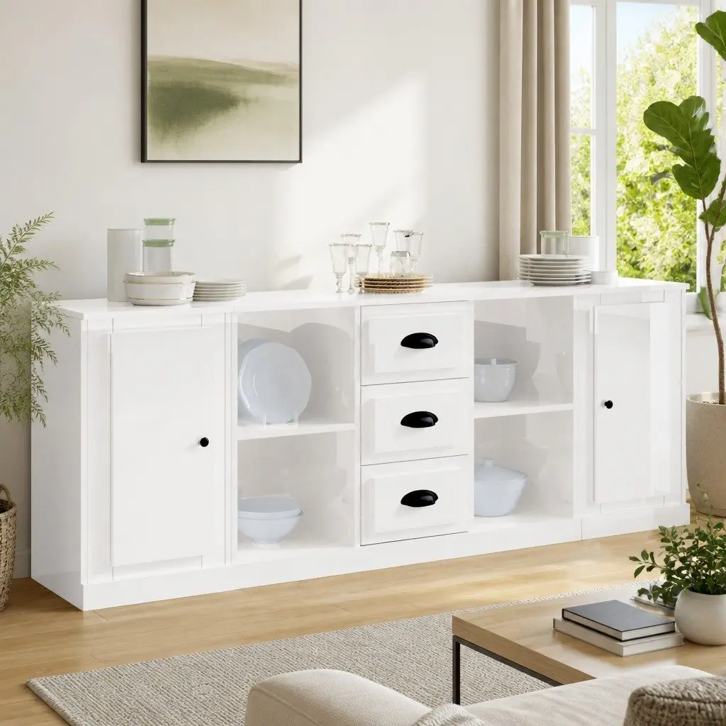 3-Piece High Gloss White Sideboard Set