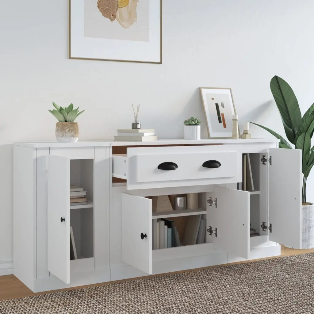 Sideboards Engineered Wood Set of 3 White Storage Cabinet Buffet Furniture