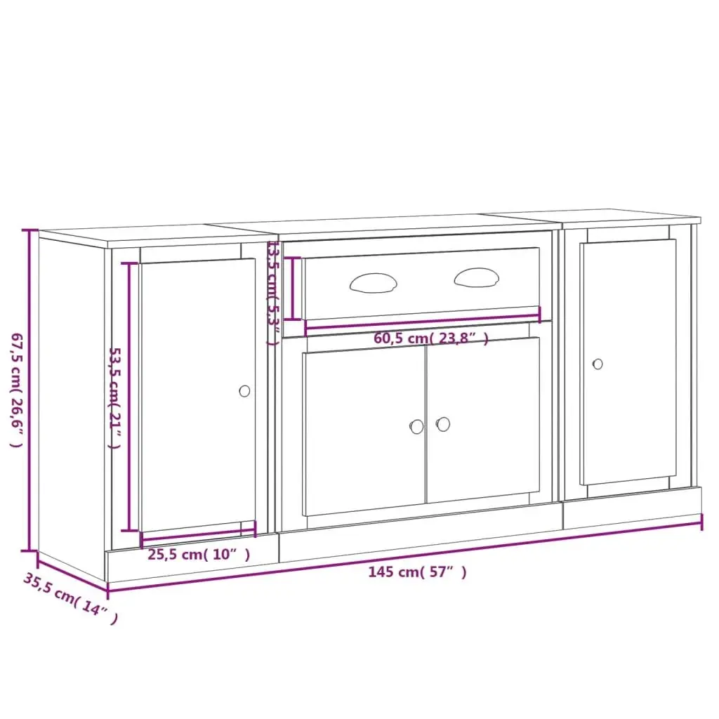Sideboards 3 pcs Brown Storage Cabinet Engineered Wood Buffet Display Unit