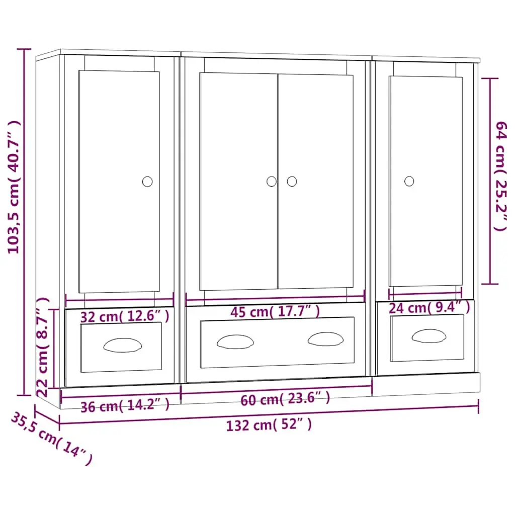 Highboards Engineered Wood 3 Piece White Storage Cabinet Set