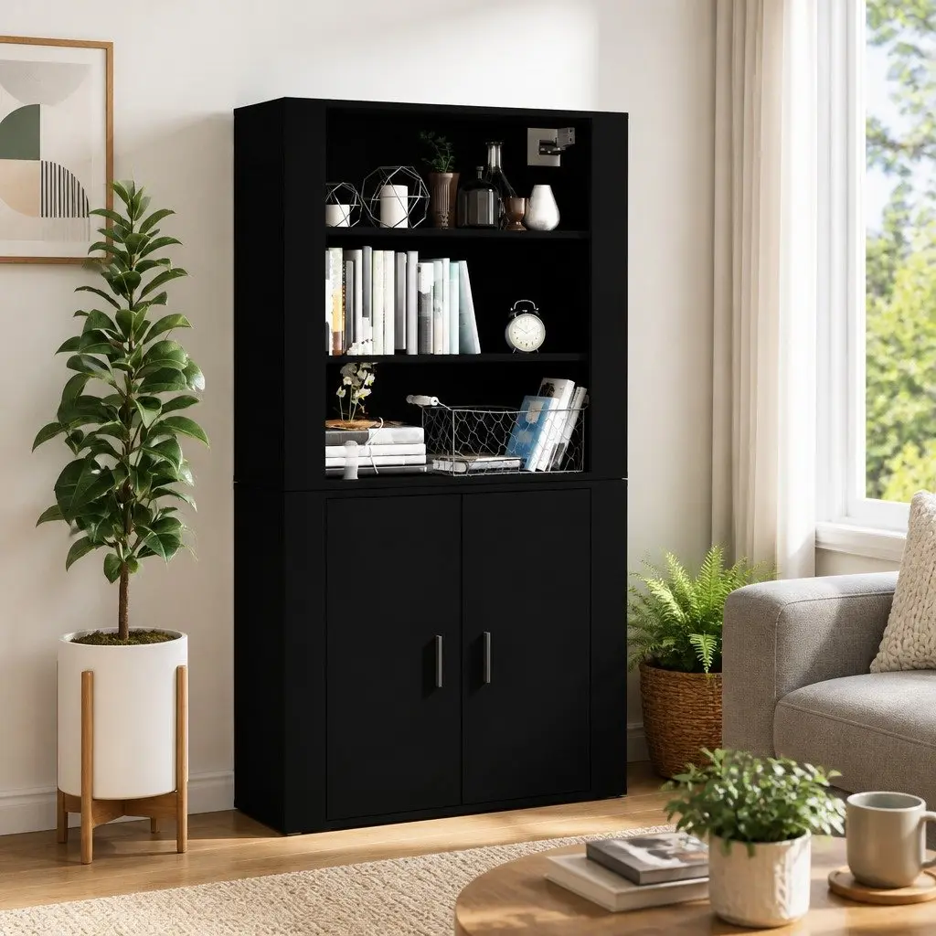 Highboard Black Engineered Wood Wall-Mounted Storage