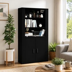 Durable Highboard Black Engineered Wood Wall-Mounted Storage