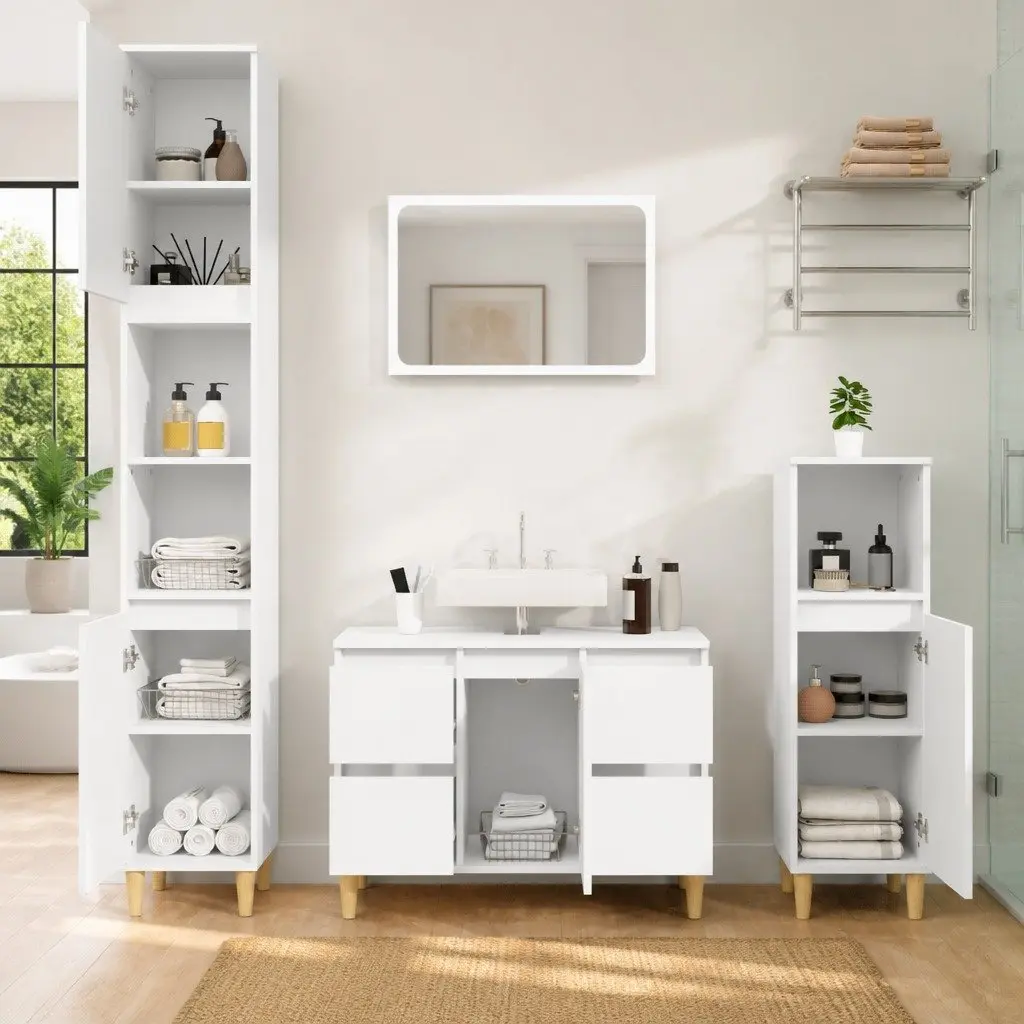 3-Piece White Bathroom Furniture Set with Eucalyptus Feet