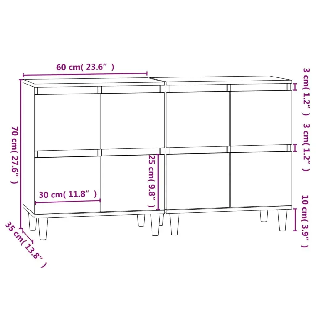 Sideboards 2 pcs High Gloss White Storage Cabinet Engineered Wood 60x35x70 cm