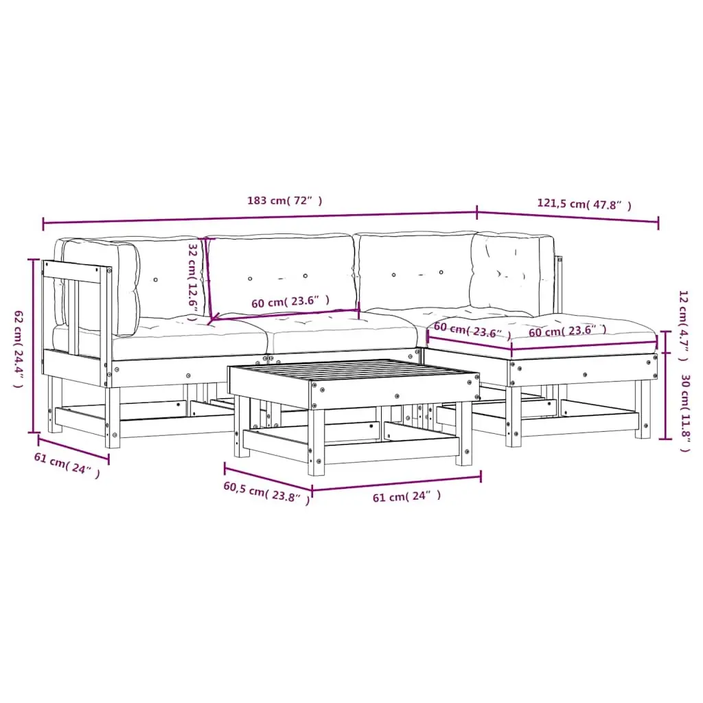 Garden Lounge Set Solid Pine Wood 5 Piece Outdoor Furniture White Patio Sofa with Cushions