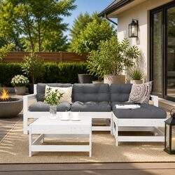 Sturdy 5 Piece White Slatted Garden Lounge Set