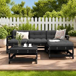 5 Piece Black Wood Garden Lounge Set with Cushions