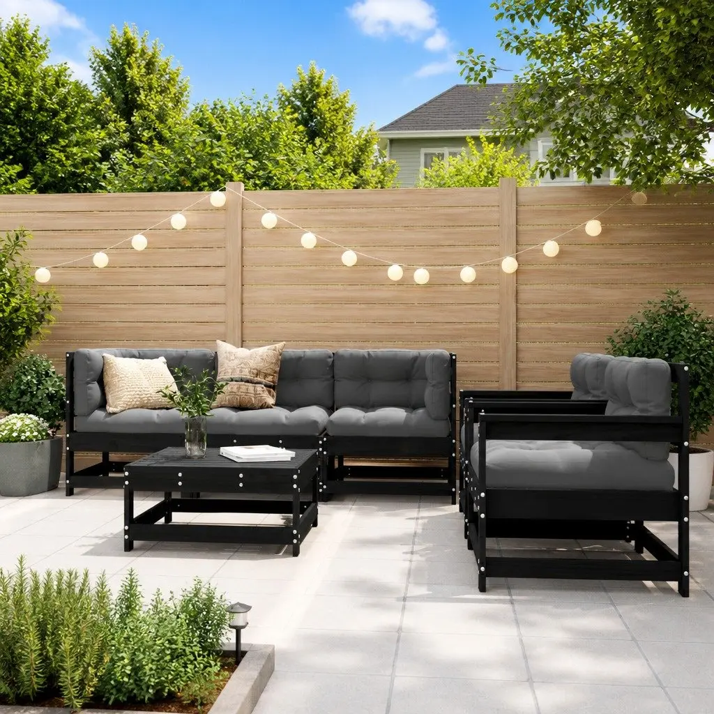 Garden Lounge Set Solid Pine Wood 6 Piece Outdoor Furniture Patio Sofa with Cushions Black