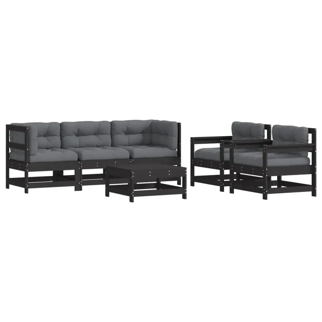 Garden Lounge Set Solid Pine Wood 6 Piece Outdoor Furniture Patio Sofa with Cushions Black