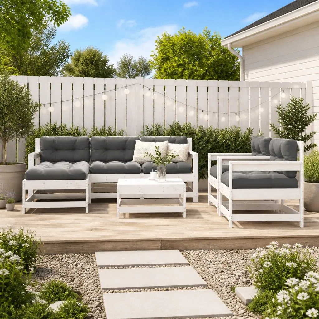 7 Piece White Solid Wood Garden Lounge Set