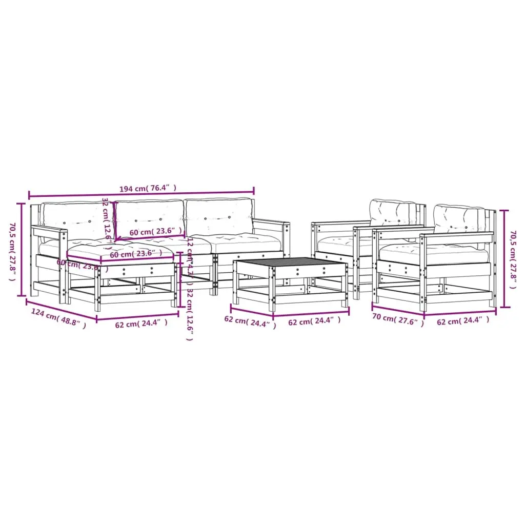 7 Piece White Solid Wood Garden Lounge Set