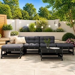 Premium 6 Piece Black Wood Outdoor Lounge Set with Cushions