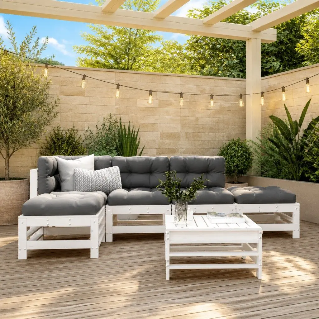 Garden Lounge Set Solid Pine Wood 6 Piece Outdoor Furniture Patio Seating White