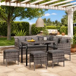 Durable L-Shaped Outdoor Sofa Set 5 Piece Grey Rattan