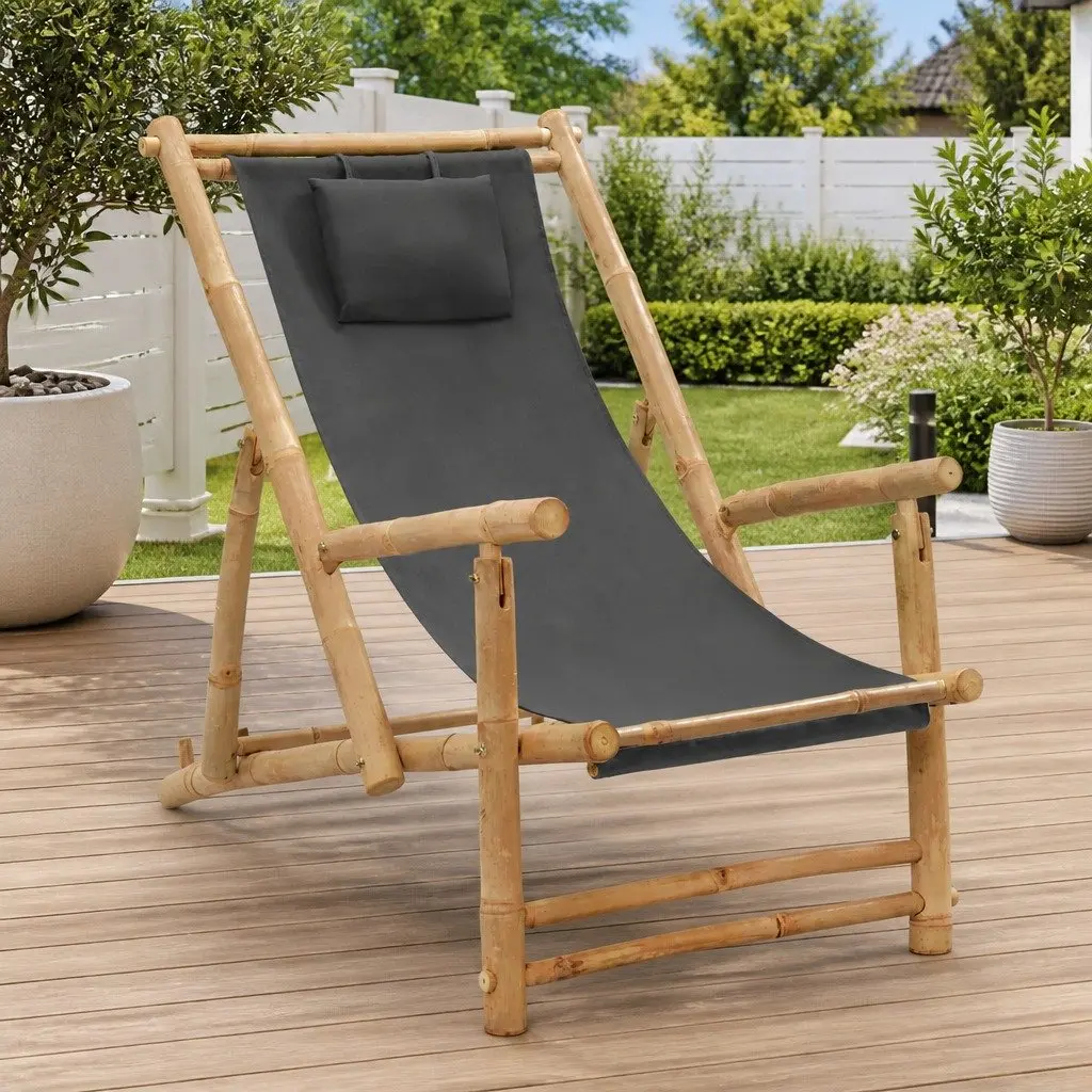Bamboo Frame Deck Chair with Adjustable Backrest for Outdoors