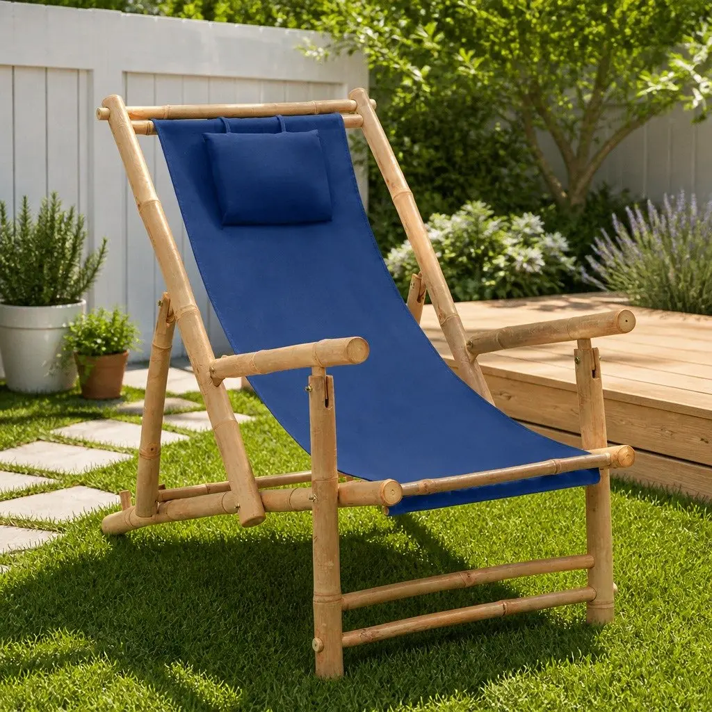 Bamboo Frame Adjustable Outdoor Deck Chair with Canvas Seat
