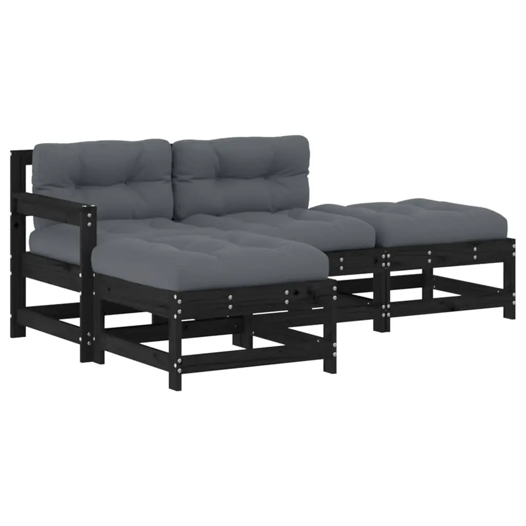 Garden Lounge Set Solid Pine Wood 4 Piece Outdoor Furniture Patio Sofa with Cushions Black