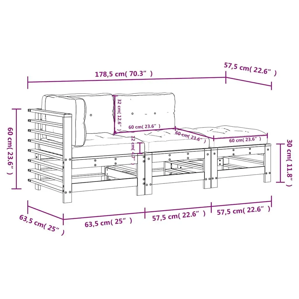 Garden Lounge Set Solid Pine Wood 3 Piece Black