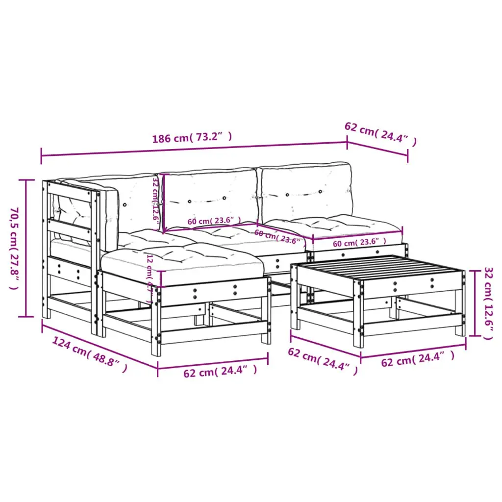 5 Piece Outdoor Lounge Set with Solid Wood & Cushions