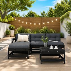 5 Piece Black Wood Modular Patio Sofa Garden Lounge Set