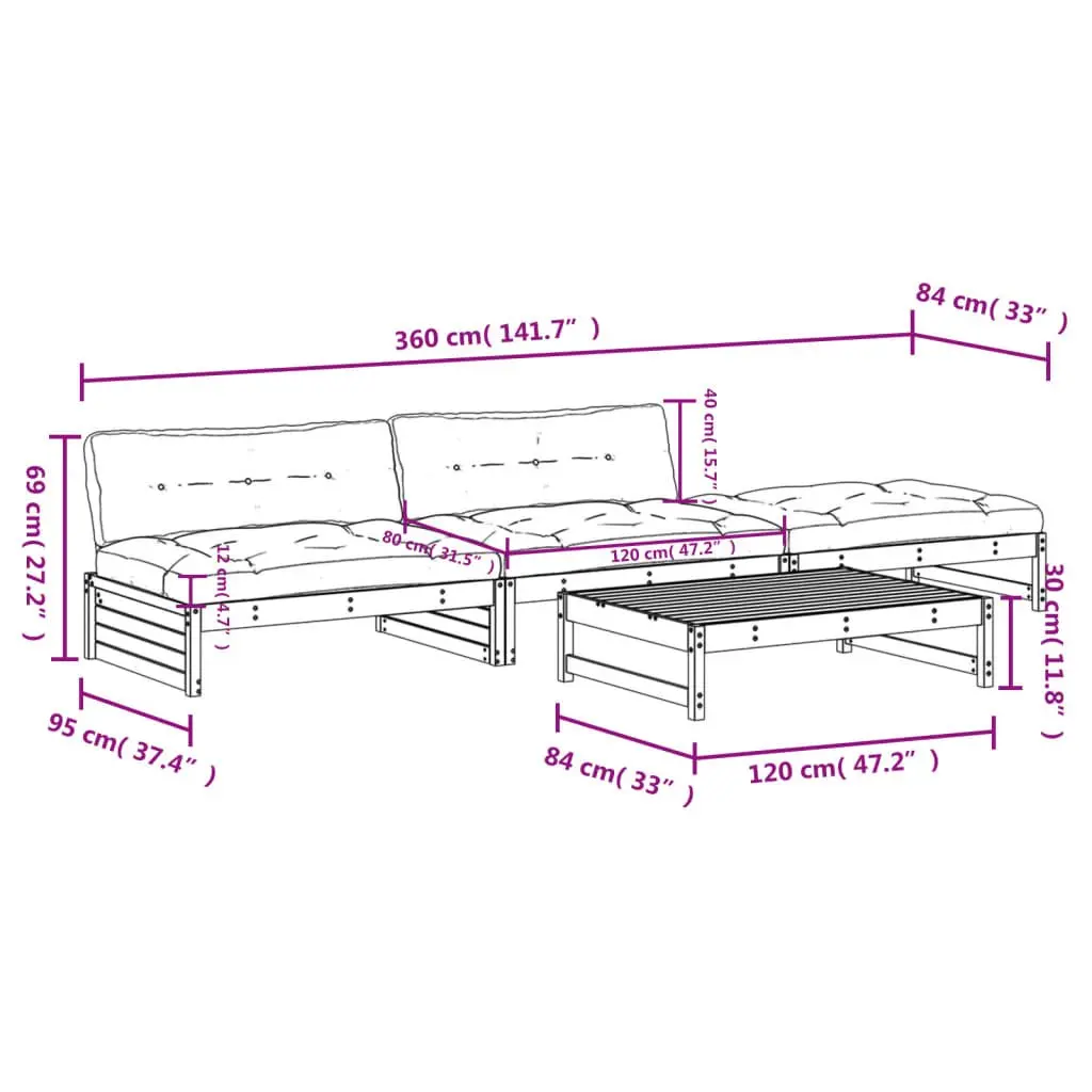 Garden Lounge Set 4 Piece Outdoor Furniture Solid Wood Modular Sofa with