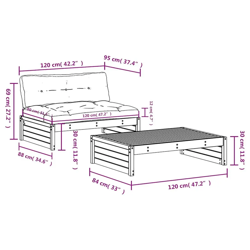 Garden Lounge Set Solid Pine Wood 2 Piece Black with Cushions