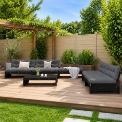 6-Piece Black Wooden Outdoor Lounge Set with Cushions