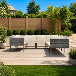 Durable 8 Piece Grey Poly Rattan Garden Lounge Set