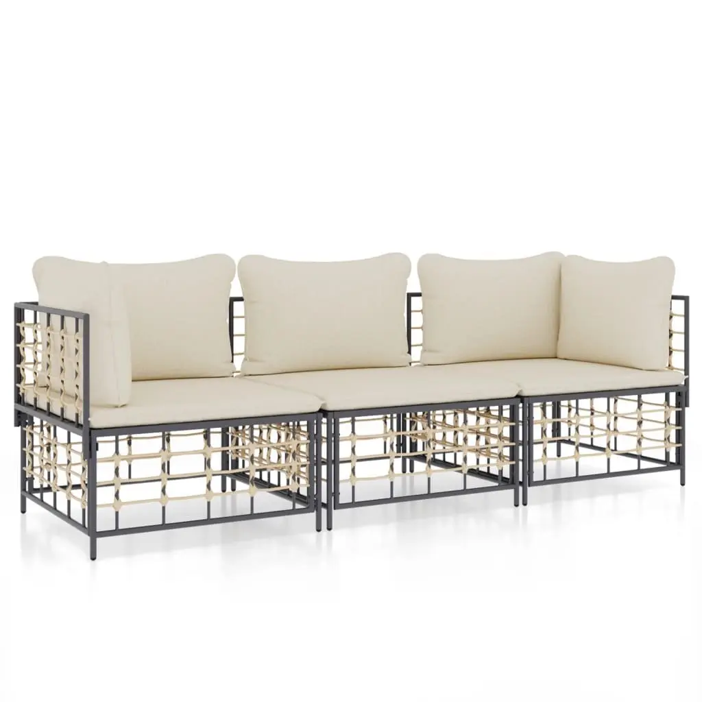 3 Piece Garden Lounge Set Poly Rattan Steel Frame Anthracite Outdoor Sofa Set